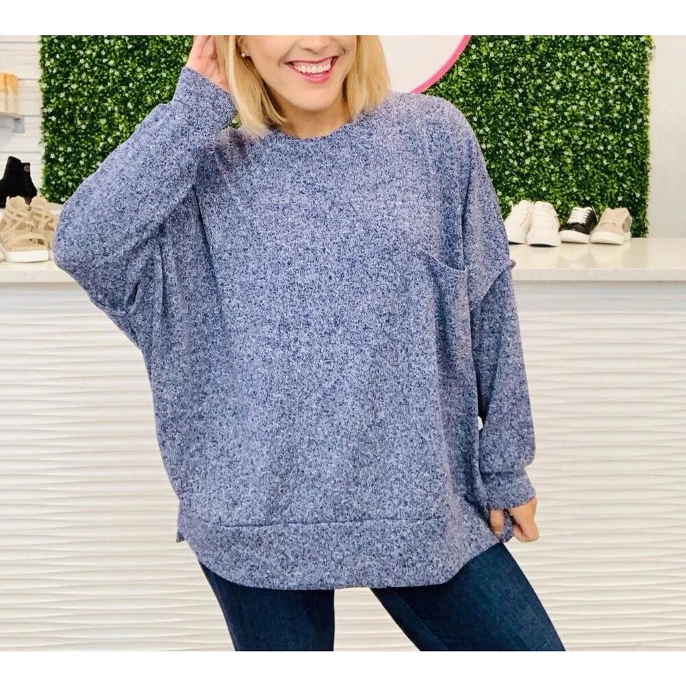 Zenana Brushed Melange Hacci Crew Neck Soft Oversized Sweater Blue , Large